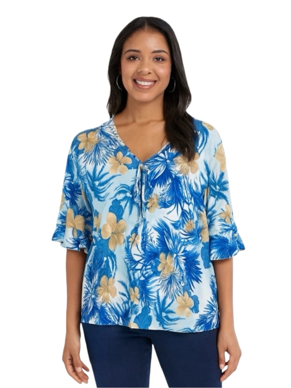 Vintage Parttee Blue Tropical Floral Blouse Size Medium